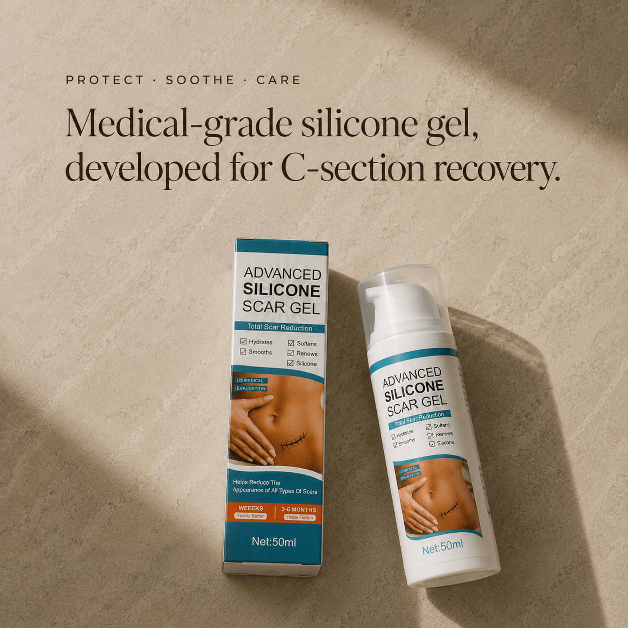 Verpackung und Pumpspender auf hellem Steinuntergrund, darüber der englische Schriftzug „Protect · Soothe · Care — Medical-grade silicone gel, developed for C-section recovery".