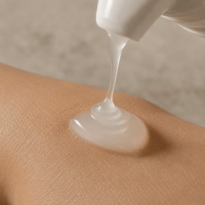 Nahaufnahme: ein Tropfen weißes Gel läuft aus dem Pumpspender auf die Haut.